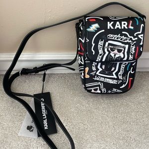 NWT! Karl Lagerfeld Adele Allover Black Crossbody Saddle Bag
